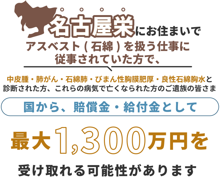名古屋栄にお住まいで、アスベスト(石綿)を扱う仕事に従事されていた方で中皮腫・肺がん・石綿肺・びまん性胸膜肥厚・良性石綿胸水と診断された方、これらの病気で亡くなられた方のご遺族の皆さま 国から、賠償金・給付金として 最大1,300万円を 受け取れる可能性があります